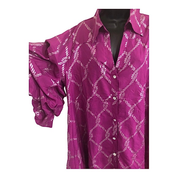 Pink & silver metallic puffy sleeve button down regal hi low dress size 1X new - Picture 6 of 17